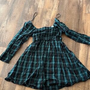 Old Navy Teal and Black Plaid Off-Shoulder Girls Dress